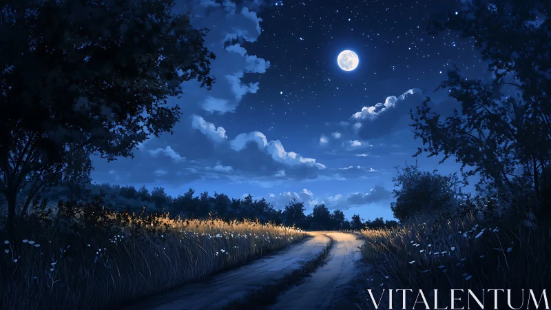Moonlit country path glows gently beneath a starry sky