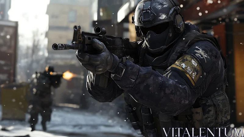 Tactical soldier advances through snowy urban firefight.