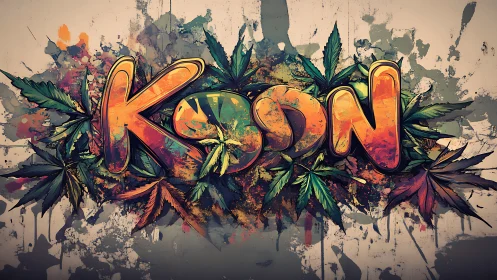 Graffiti-style &ldquo;Koon&rdquo; text with leaf motifs on wall.