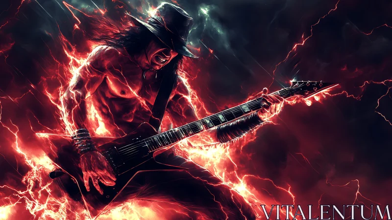 Digital painting of electrified rock guitarist in infernal storm.