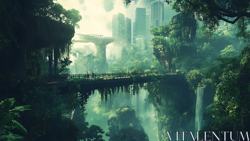 Futuristic city rises beyond lush jungle bridges and mist