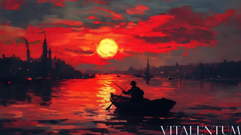 Painterly sunset rowboat silhouette on luminous harbor horizon.