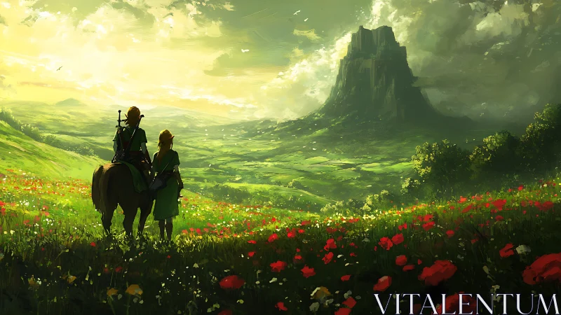 Adventurers survey luminous valley beneath monolithic mountain