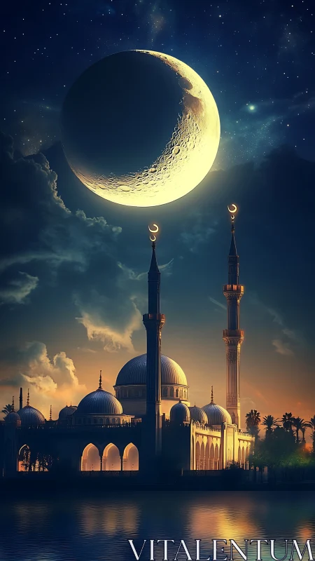 Crescent moon dominates luminous mosque skyline at dusk
