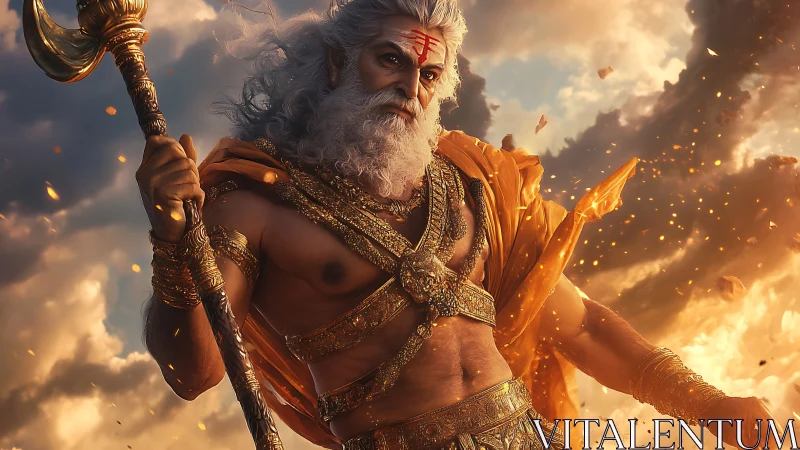 Regal warrior sage stands strong in glowing golden skies.