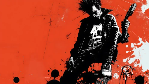 Riot red backdrop crowns lone punk rocker in splattered shadow.