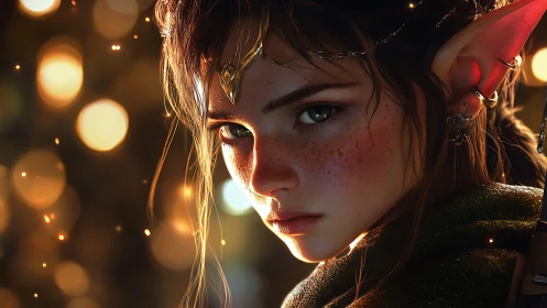 Warmly glowing elf heroine framed in golden forest lights.