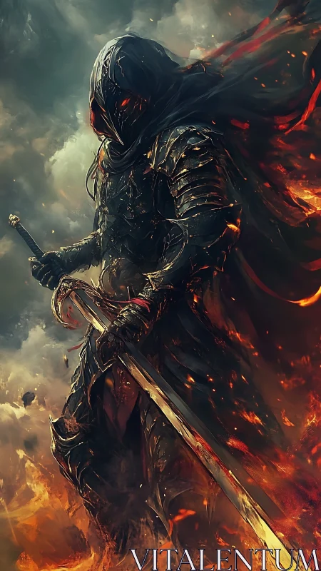 Dark knight in ember-lit armor, high-contrast fantasy rendering.
