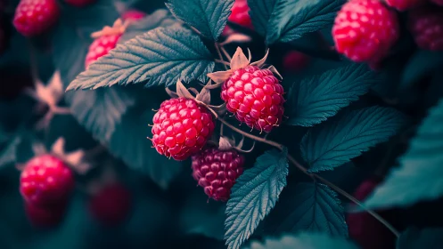 Raspberries hang on leafy stems with shallow depth of field