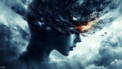 Surreal female profile merges with stormy sky and cosmic cloudflow