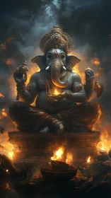 Divine elephant deity glows amid ritual firelit smoke.