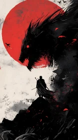 Red moon warrior confronting spectral wolf silhouette.