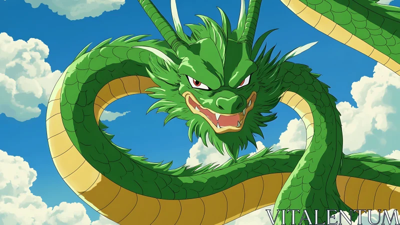 Green serpentine dragon rendered against clouded sky