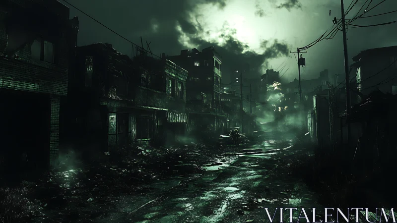 Abandoned urban street glows under toxic green storm sky
