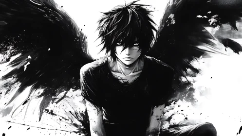 Dark winged boy sits in stark monochrome chaos.