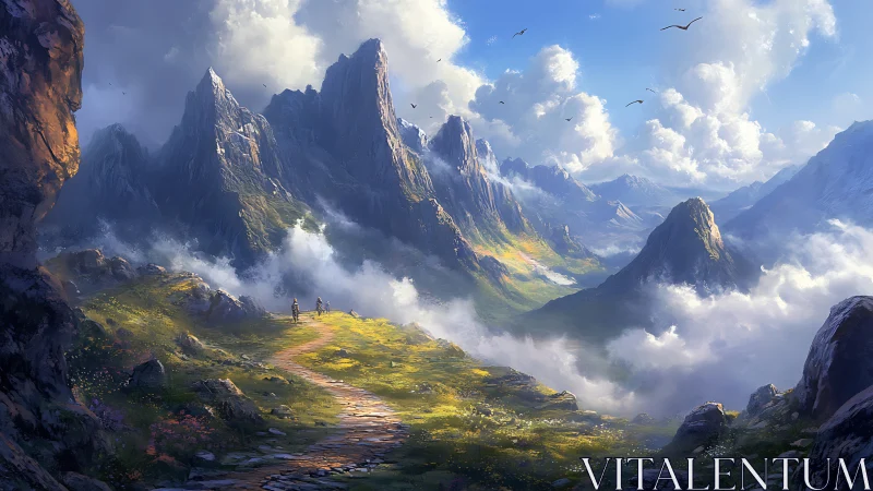 Mountain valley trail under clouds and distant peaks.