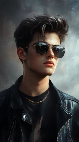 Rebel youth in leather and gold staring through cool twilight.