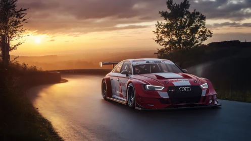 Audi race car powers through sunset mountain road.