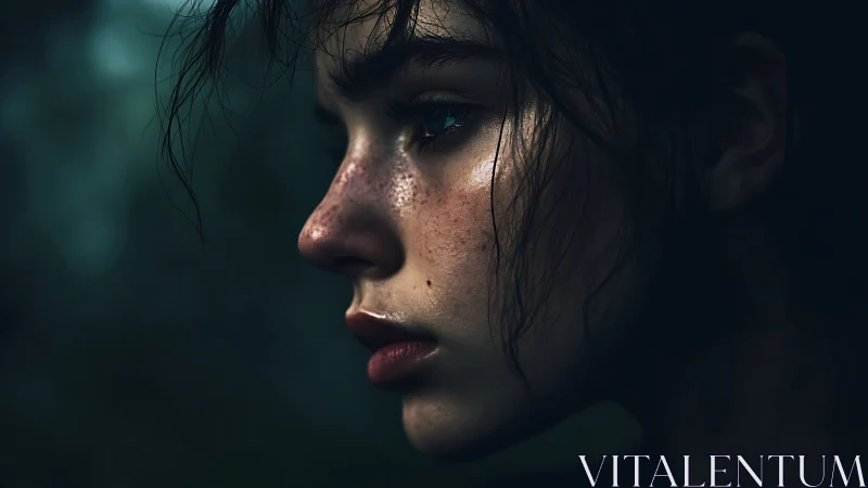 Low-key portrait of rain-speckled face in side profile study.