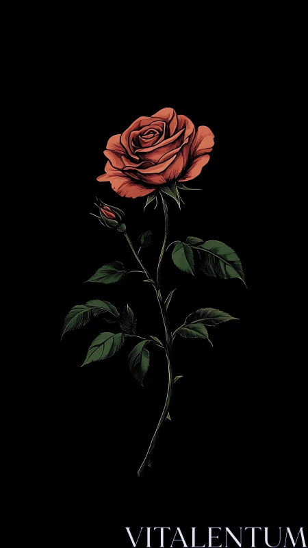 Single red rose stem illustration on black background.