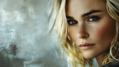 Close portrait of blonde woman with intense blue eyes.