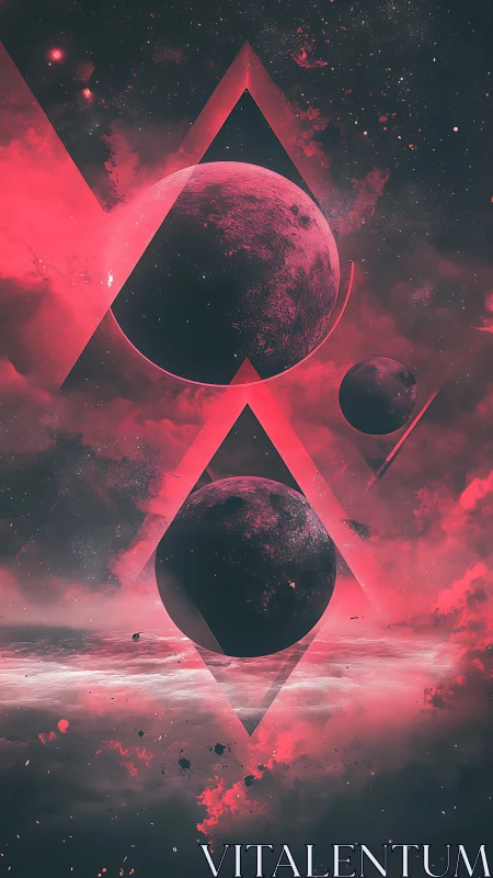Crimson nebula planets intersect geometric void triangles.