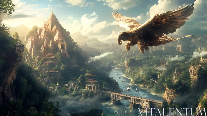 Mythical avian statue over river valley and temple city.