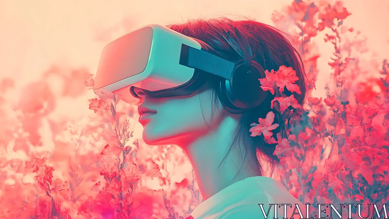 Woman wearing VR headset gazes upward in neon flower field