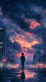 Digital painting of lone figure under neon storm skyline.