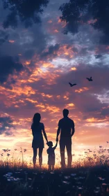 Family silhouettes at sunset with flying birds overhead.