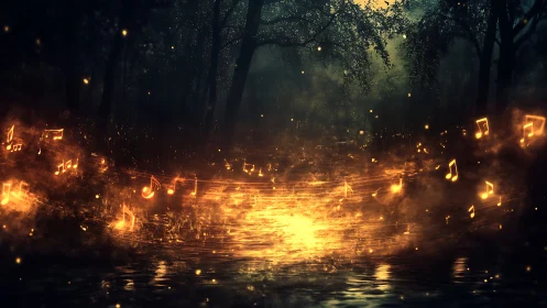 Glowing musical notes swirl over misty enchanted forest pond