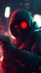 Cyberpunk hooded gunman with glowing red visor stands ready.