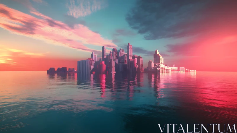 Futuristic Cityscape at Sunset Over Water.