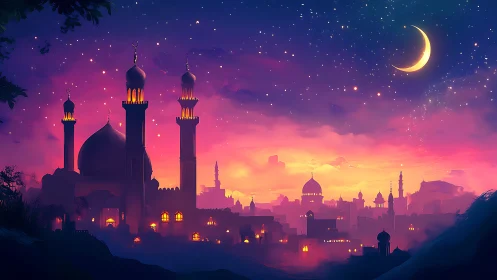 Crescent moon over illuminated minarets at twilight skyline
