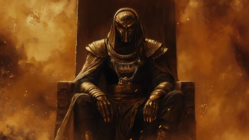 Armored pharaoh warlord seated on obsidian throne in embers