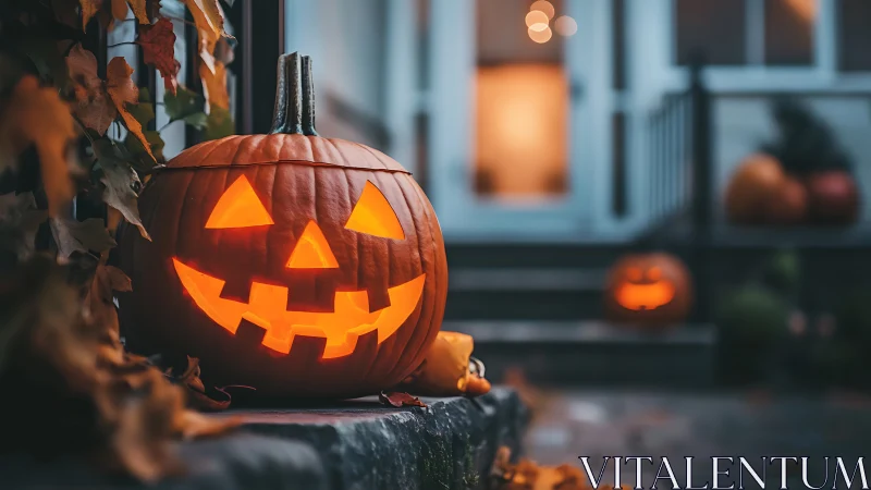 Glowing jack o lantern on porch steps at dusk during Halloween.
