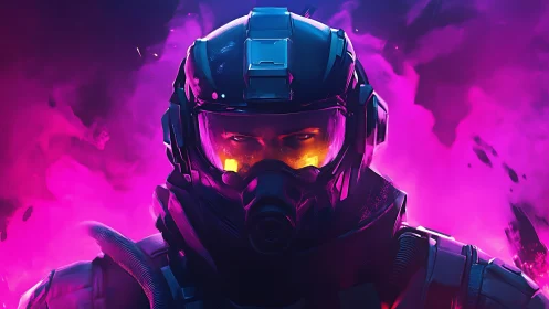 Armored helmeted figure in magenta smoke environment.