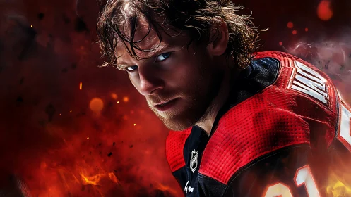 Intense hockey player portrait ignites in fiery red haze