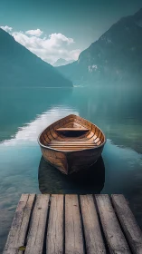 Wooden rowboat rests on calm mountain lake near pier