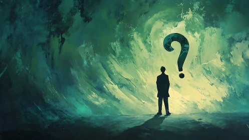 Question-mark constellations whirl around a solitary thinker