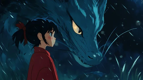 Girl in red coat confronts luminous dragon spirit in rain.