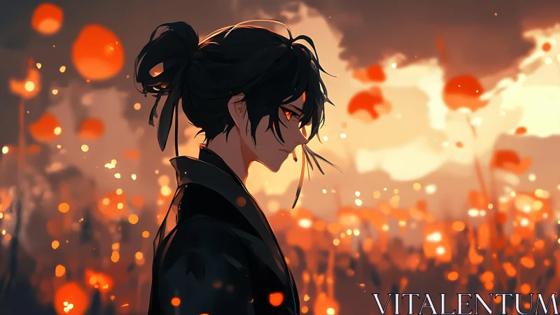 Melancholic anime figure in dusk-lit poppy field profile