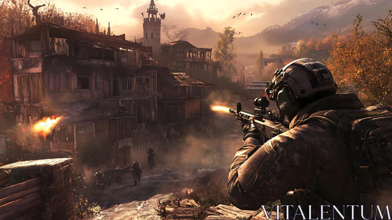 Soldier fires rifle into war-torn village under dusk light