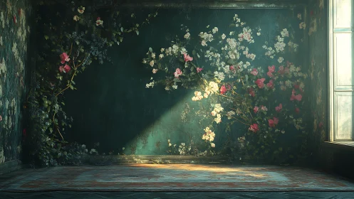 Sunlit floral vines across aged teal interior wall.