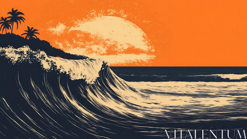 Molten tangerine sunset cresting over midnight surf.