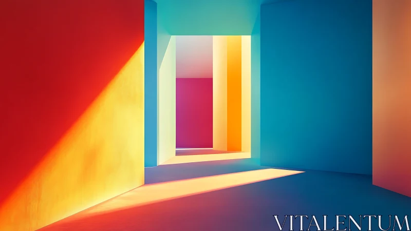 Chromatic architectural corridor with hard-edged light gradients