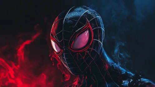 Masked superhero emerges from red and blue swirling smoke