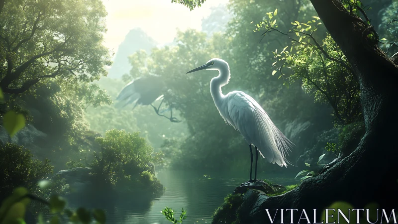 White heron stands in dense forest beside reflective river