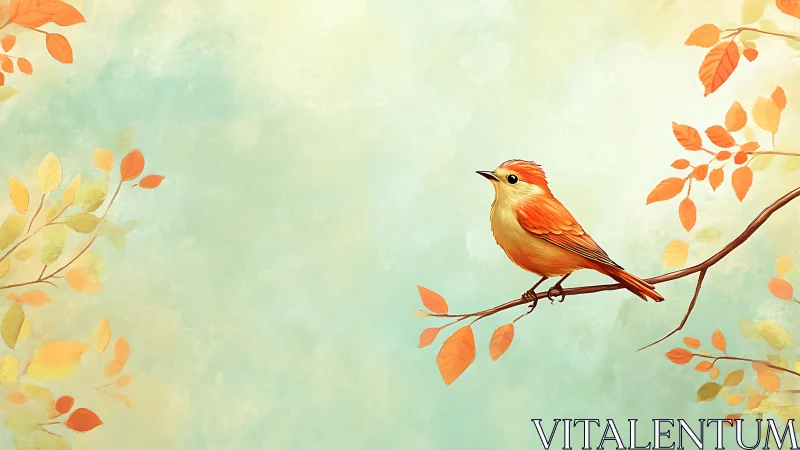 Autumn Songbird on Branch with Fall Foliage.