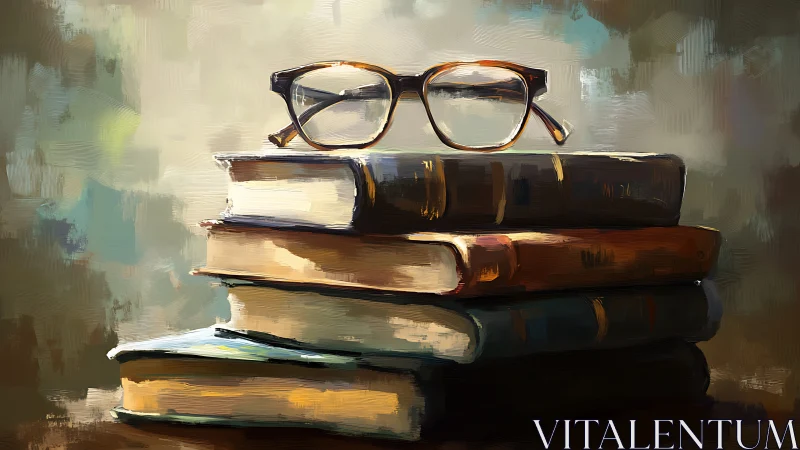 Glasses rest on stacked vintage books in painterly scene